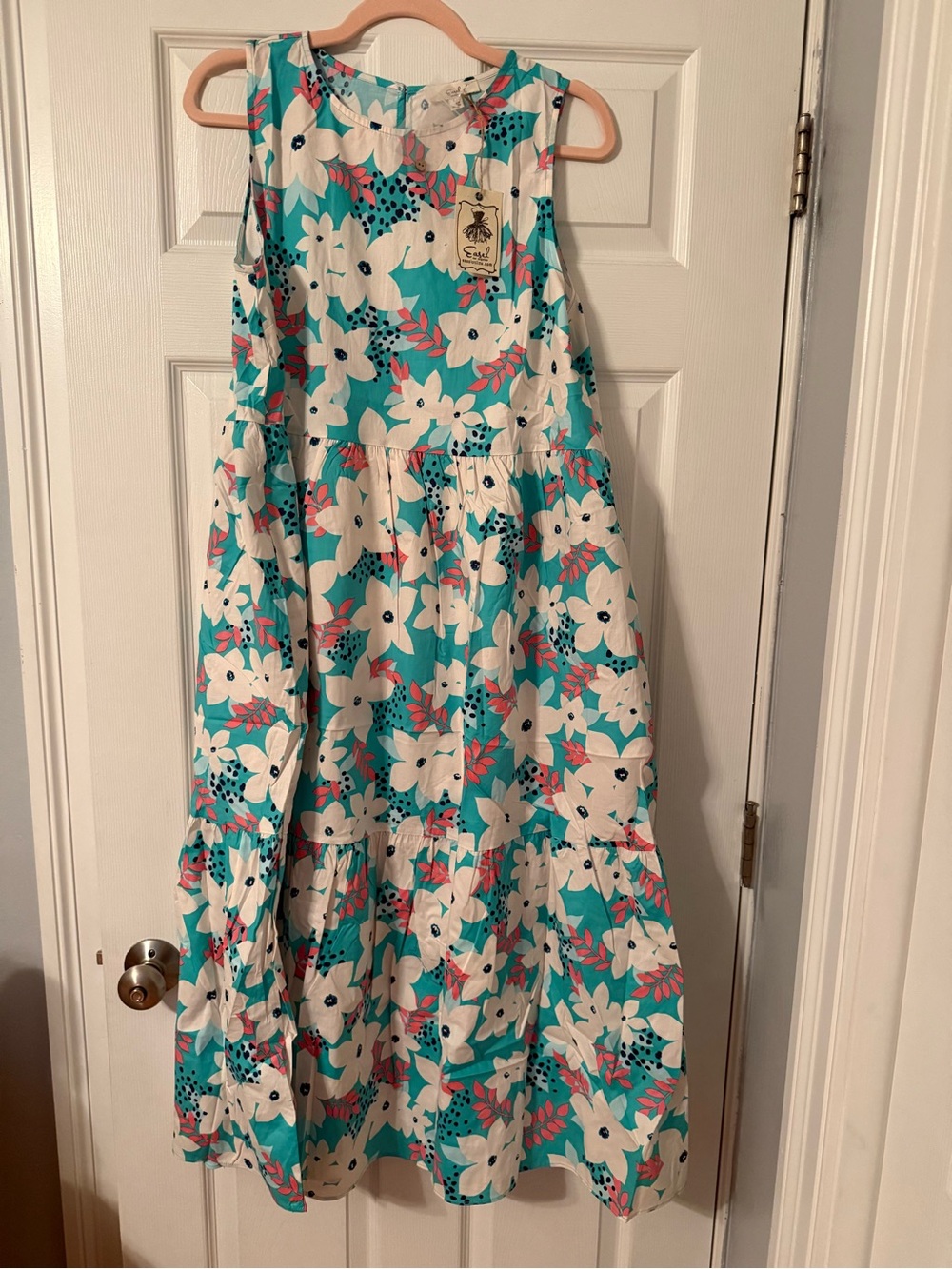 easel Teal and White Floral Sleeveless Dress with Coral Accents